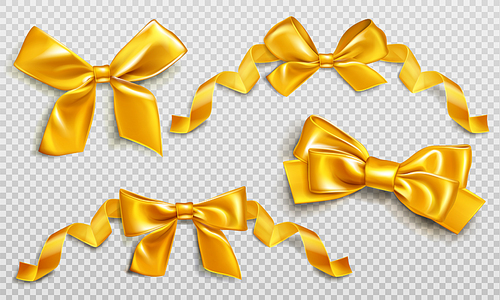 Gold bows with curly ribbons set. Collection shiny golden festive elements for wrapping gift box, present design or invitation card isolated on transparent background. Realistic 3d vector illustration