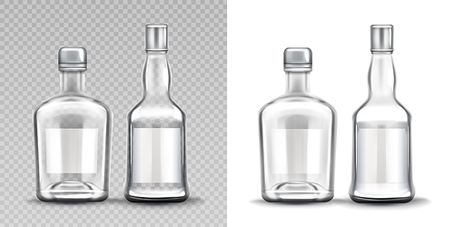 Glass bottles various shapes set. Vodka, rum, whiskey alcohol drinks empty flasks design template, photorealistic mockup isolated on transparent and white . Realistic 3d vector illustration,