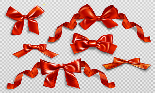 Red bows with curly ribbons and heart pattern set. Festive elements for wrapping Valentines day gift box, birthday present or invitation card design on transparent background. Realistic 3d vector icon