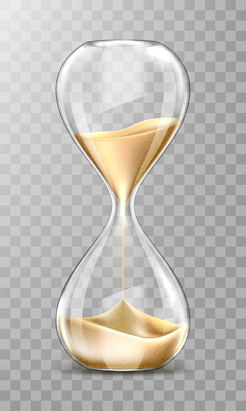 Sand hourglass, glass timer with falling golden grains. Vector realistic sand clock isolated on transparent . Vintage watch for countdown hour or minutes. Running time or deadline concept