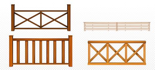 Wooden fences, handrail, balustrade sections with rhombus and grates patterns Balcony panels, stairway or terrace fencing architecture isolated design elements, 3d vector realistic illustration set