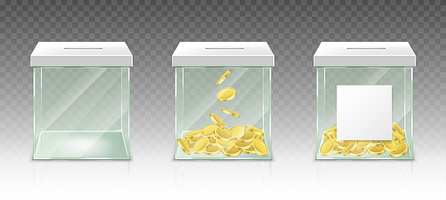 Glass money box for tips, savings or donations isolated on transparent . Vector realistic set of 3d clear acrylic jar with gold coins and white blank label for pension fund, charity donate