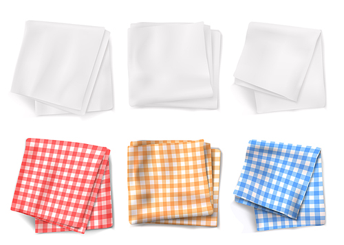 Gingham tablecloths and white kitchen towels top view. Vector realistic set of 3d folded table clothes with plaid pattern and linen napkins isolated on white 