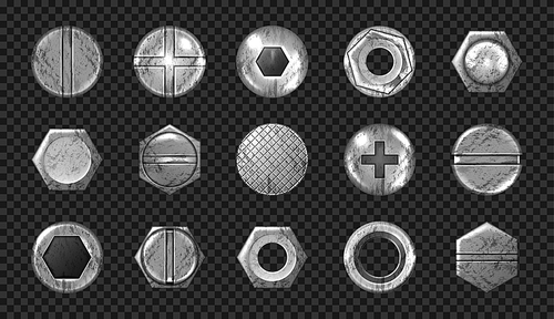 Old screw and nail heads set, steel metal bolts, grunge rusty rivets hardware grey caps with grooves and holes top view isolated on transparent background. Realistic 3d vector illustration, icons