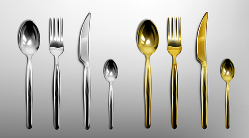 3d cutlery of golden and silver color fork, knife, spoon and teaspoon. Silverware and gold utensil, catering luxury metal tableware top view isolated on grey background, Realistic vector illustration