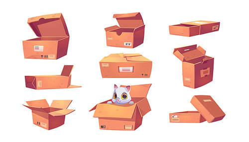 Brown cardboard boxes different shapes isolated on white . Vector cartoon set of open and closed empty package containers for moving, delivery or storage. Funny cat in box