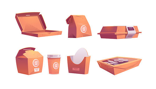 Food boxes, carton bags and cup, disposable takeaway paper packages for fastfood cafe meals sushi, rolls, pizza or french fries, coffee and drinks for take away. Cartoon vector illustration, icons set