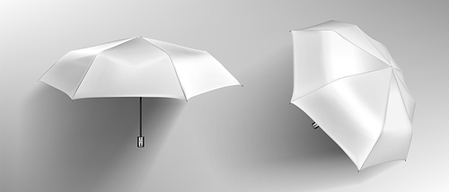 White umbrella, blank parasol front and side view mock up. Waterproof accessories for rainy autumn weather, design element isolated on grey . Realistic 3d vector illustration, icons, clipart
