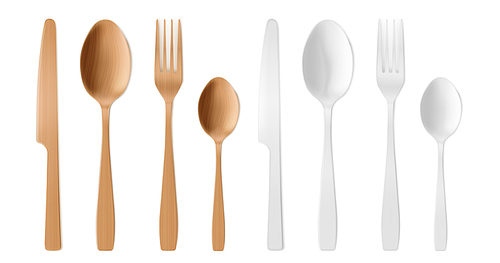 3d cutlery of wood and plastic, disposable fork, spoon and knife. isolated wood or bamboo biodegradable table setting made of natural  recycle reusable material, realistic vector illustration, set