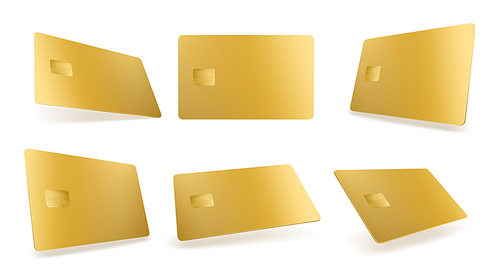 Gold credit card mockup, isolated golden blank template with chip on white . Plastic mock up for business identity and branding presentation. Realistic 3d vector payment financial tool set