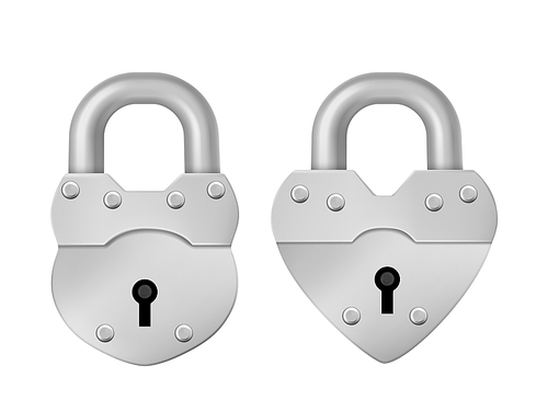 Metal closed padlock isolated on white . Symbol of safety, privacy and security. Vector realitic set of silver or steel locks in heart shape with keyhole and close hook