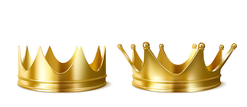 Golden crowns for king or queen, crowning headdress for Monarch. Royal gold monarchy medieval emperor coronation symbol, imperial sign isolated on white . Realistic 3d vector illustration