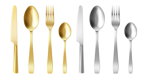 3d cutlery of golden and silver color fork, knife and spoon set. Silverware and gold utensil, catering luxury metal tableware top view. isolated on white , Realistic vector illustration,