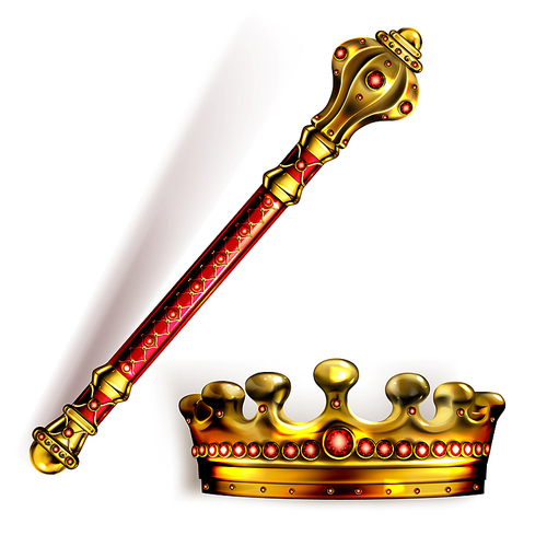 Golden scepter and crown for king or queen, royal wand and corona with red gems for Monarch. Gold monarchy emperor symbols, imperial coronation headwear, rod or mace, Realistic 3d vector illustration