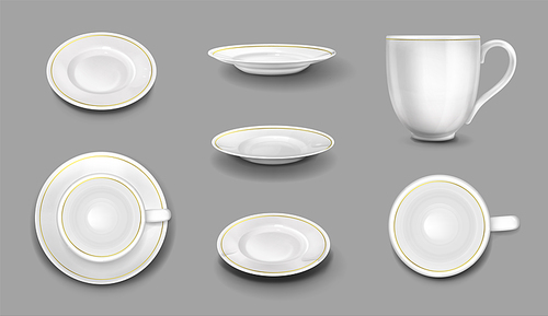 White plates and cups with gold border, realistic 3d ceramic mugs and dishes top and side view. Empty porcelain tableware, cutlery for food and drink mockup, vector illustration, isolated icons set
