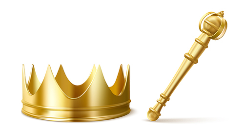 Gold royal crown and scepter for king or queen. Vector realistic luxury golden corona and sceptre, medieval diadem for prince, princess or emperor and monarchy rod isolated on transparent 
