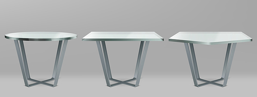 Modern tables with round, square and pentagon glass top. Vector realistic set of cocktail, coffee or dining table with metal cross legs and clear plexiglass top