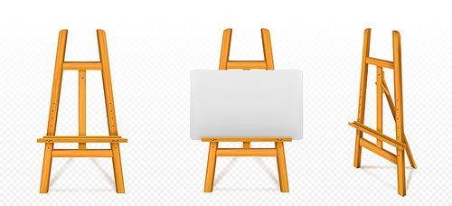 Wooden easel with white canvas in front and angle view. Vector realistic mockup of wood stand for paintings, blank board for drawing art on tripod isolated on transparent 