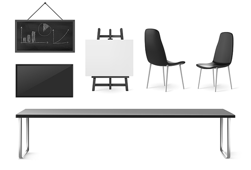 Boardroom furniture and stuff, conference room for business meetings, training and presentation, company office interior table, chairs, screen and board isolated on white , 3d vector set
