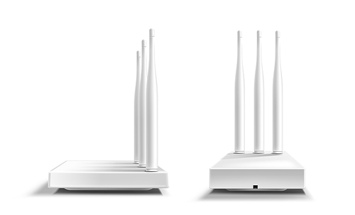 Wifi router front and side view mockup, blank home device with antennas for wireless internet connection isolated on white . Modern technologies, Realistic 3d vector illustration, mock up
