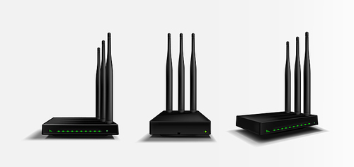 Wifi router front, angle and side view mockup, black home device with three antennas and glow green indicators for wireless internet connection. Modern technology, Realistic 3d vector isolated mock up