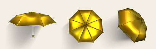 Gold umbrella, golden parasol top, side and front view with shadow, luxury accessories for protection of rain or sun beams, shiny yellow shield isolated on white , Realistic 3d vector set