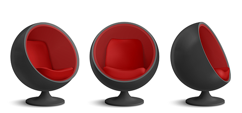 black and red ball chair, designers furniture for modern stylish house or office interior in front and angle views. vector realistic mockup of empty egg armchair isolated on