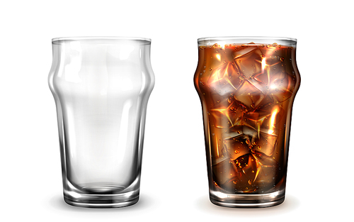 Cola, ice coffee or tea in glass. Fizzy cold drink in clear cup with condensation drops. Vector realistic set of empty and full glass with brown beverage with ice cubes isolated on white