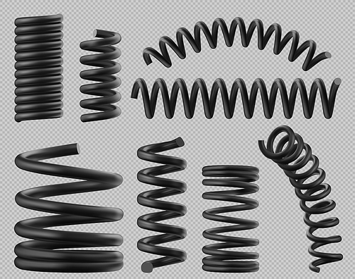 Black spring coils, flexible spiral metal wire. Vector realistic set of plastic or steel elastic springy coils different shapes for suspension or machine absorber isolated on transparent background
