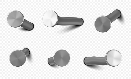 Nails hammered into wall, steel or silver pin heads, straight and bent metal hardware spikes or hobnails with grey caps top view isolated on transparent background. Realistic 3d vector icons set