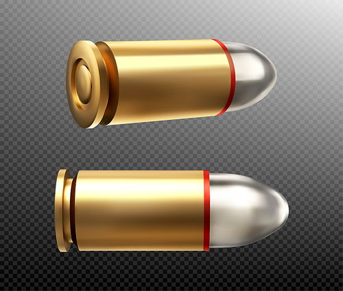 Bullets side and rear view. Copper or gold colored nine mm shots with steel head for parabellum. Military handgun ammo weapon metal gunshots isolated on transparent background realistic 3d vector icon