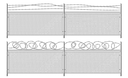 Grid fence with barbed wire. Two segments mesh rabitz with rhombus cell, metal perimeter protection barrier construction separated with steel poles on white background Realistic 3d vector illustration