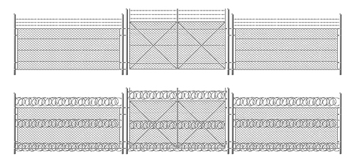 Barb wire fence, grid with gate. Three segments silver colored fencing, perimeter protection barrier separated with metal steel poles, rabitz isolated on white . Realistic 3d vector illustration