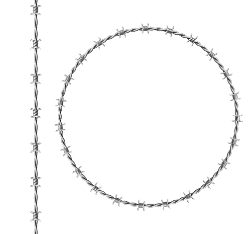 Steel barbwire set, circle frame from twisted wire with barbs isolated on white . Vector realistic seamless border of metal chain with sharp thorns for prison fence, military boundary