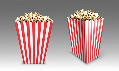 Striped paper box with popcorn isolated on white . Vector realistic mock up of white and red bucket with pop corn for cinema or movie theater front and angle view