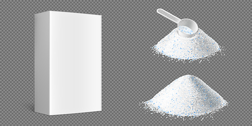 Washing powder piles with measuring scoop and white box isolated on transparent . Vector realistic set of white detergent heaps with blue particles and blank cardboard pack
