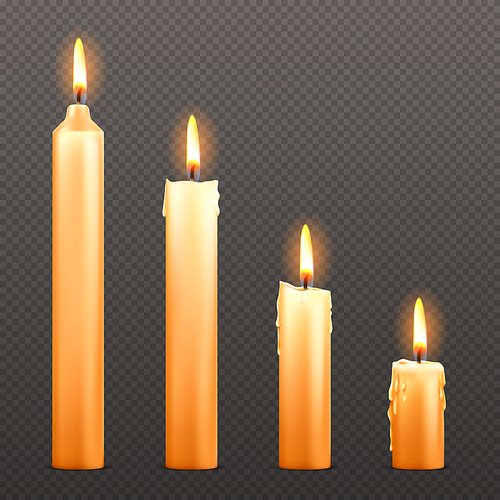 Vector candles with flame isolated on transparent . Realistic burning wax candles with fire from tall to small size. Festive glow, birthday or christmas dinner decoration