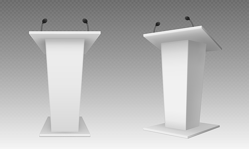 White pulpit, podium or tribune front side view. Rostrum stand with microphone for conference debates, trophy isolated on transparent. Business presentation speech pedestal Realistic vector mock up
