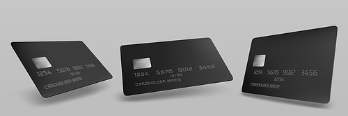 Black credit card mockup, isolated blank template with chip on grey background. Plastic mock up for business identity or branding presentation, payment financial tool, Realistic 3d vector illustration