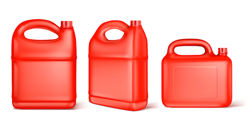 Red plastic canister for liquid fuel, chlorine, motor oil, car lubricant or detergent. Vector realistic mockup of gallon bottle with cap and handle, blank jerrycan isolated on white 