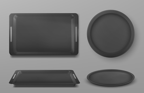Empty black food tray for lunch and pizza in restaurant or canteen. Vector realistic mockup of blank circle and rectangle plastic salvers with handles front and top view isolated on gray background