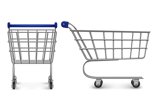 Shopping trolley back and side view, empty supermarket cart isolated on white . Customers equipment for purchasing in retail shop, grocery and store market. Realistic 3d vector illustration