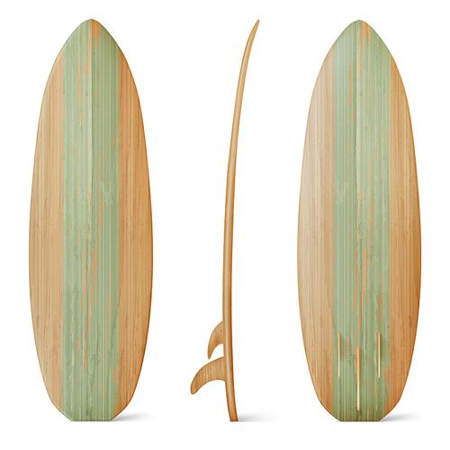 Wooden surfboard front, side and back view. Vector realistic mockup of wood board for summer beach activity, surfing on sea waves. Leisure sport equipment isolated on white 
