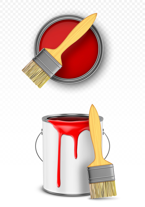 Paint can with brush, tin bucket with red dripping drops top and front view, metal pot, container with dye for renovation works isolated on transparent background, Realistic 3d vector illustration