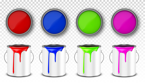 Paint metal bucket, tin cans with red, blue, pink and green ink in front and top view. Vector realistic 3d mockup of open steel containers with handle and paint drips isolated on white 