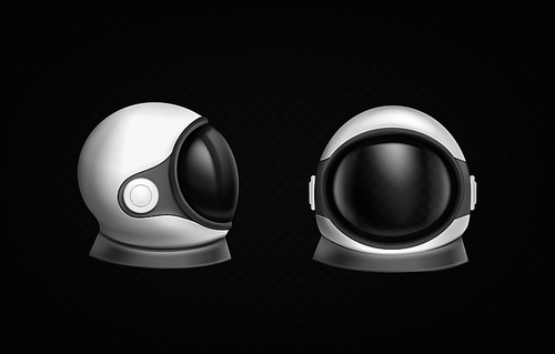 Astronaut helmet, cosmonaut space suit front and side view isolated on black . Pilot costume headwear of white color with dark glass with light reflection, Realistic 3d vector illustration