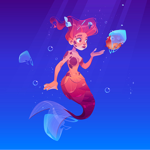 Mermaid with puffer fish in plastic bag underwater in sea. Ocean pollution by trash, global littering. Vector cartoon illustration of sad beautiful girl fish with garbage in red hair