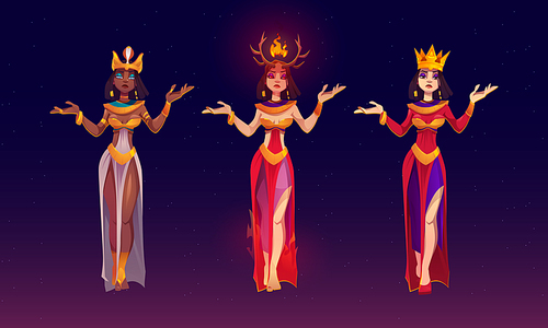 Cleopatra, devil girl and queen on background of sky with stars. Vector cartoon set of female characters, princess in gold crown, demon with horns and fire and egyptian goddess