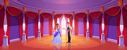 Prince and princess in royal castle ballroom. Vector cartoon background with couple in round dance hall in baroque palace with columns, tall windows and red curtains. Romantic fairy tale illustration