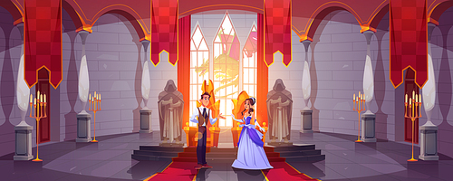 Prince and princess in throne room at castle hall. Royal couple in baroque hallway decorated with statues and columns. Dragon outside the palace window. Romantic fairytale cartoon vector illustration
